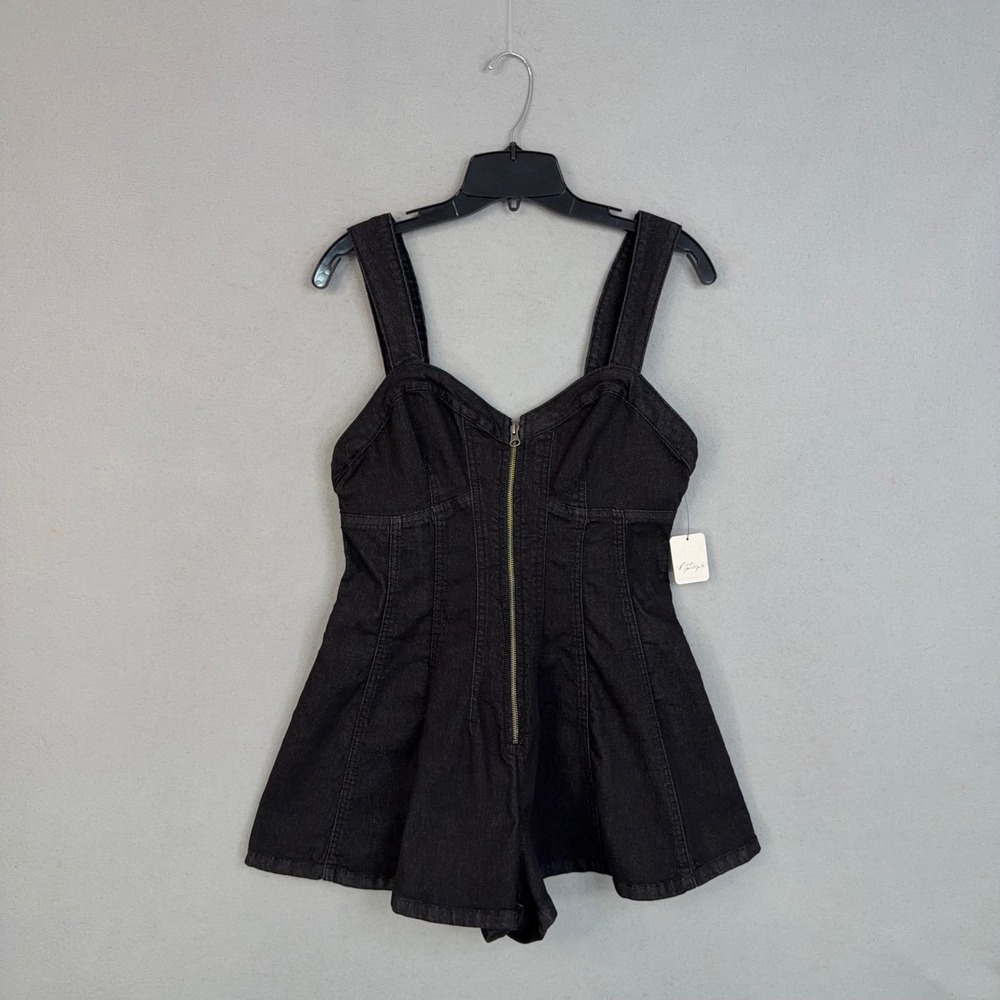 Free People Romper Womens 12 Black Denim Delancey Flare Boho We The Free NWT